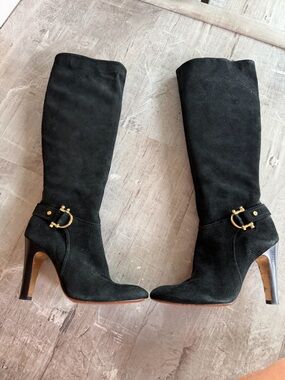 Tory Burch Suede Bit Harness Knee High Boots Black Leather Sole Size 6